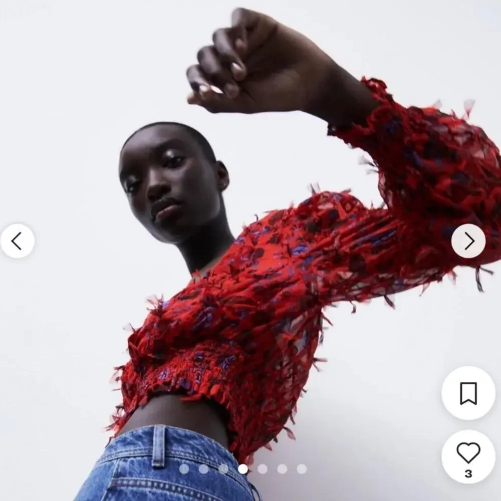 Zara Red Floral Fringe Long Sleeve V-Neck Crop Top